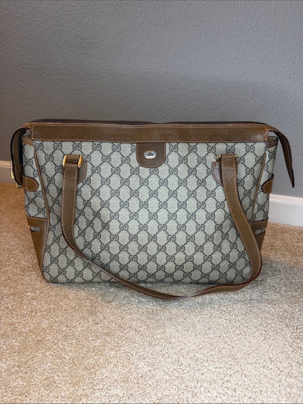 Vintage Gucci Beige Monogram Shoulder Bag with Brown Leather Trim